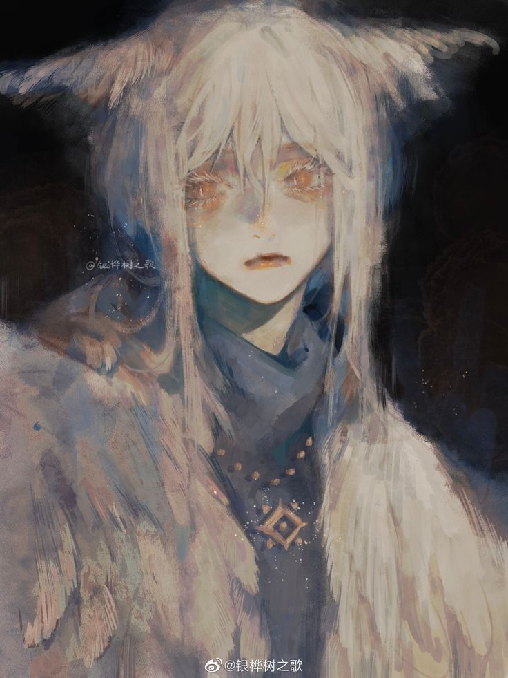 a digital illustration shows a paleskinned, young female character with white hair and orange eyes. she has pointed ears and appears to be wearing feathered clothing or have feathers incorporated into her attire. a necklace adorns her neck. the artwork is an animestyle portrait.