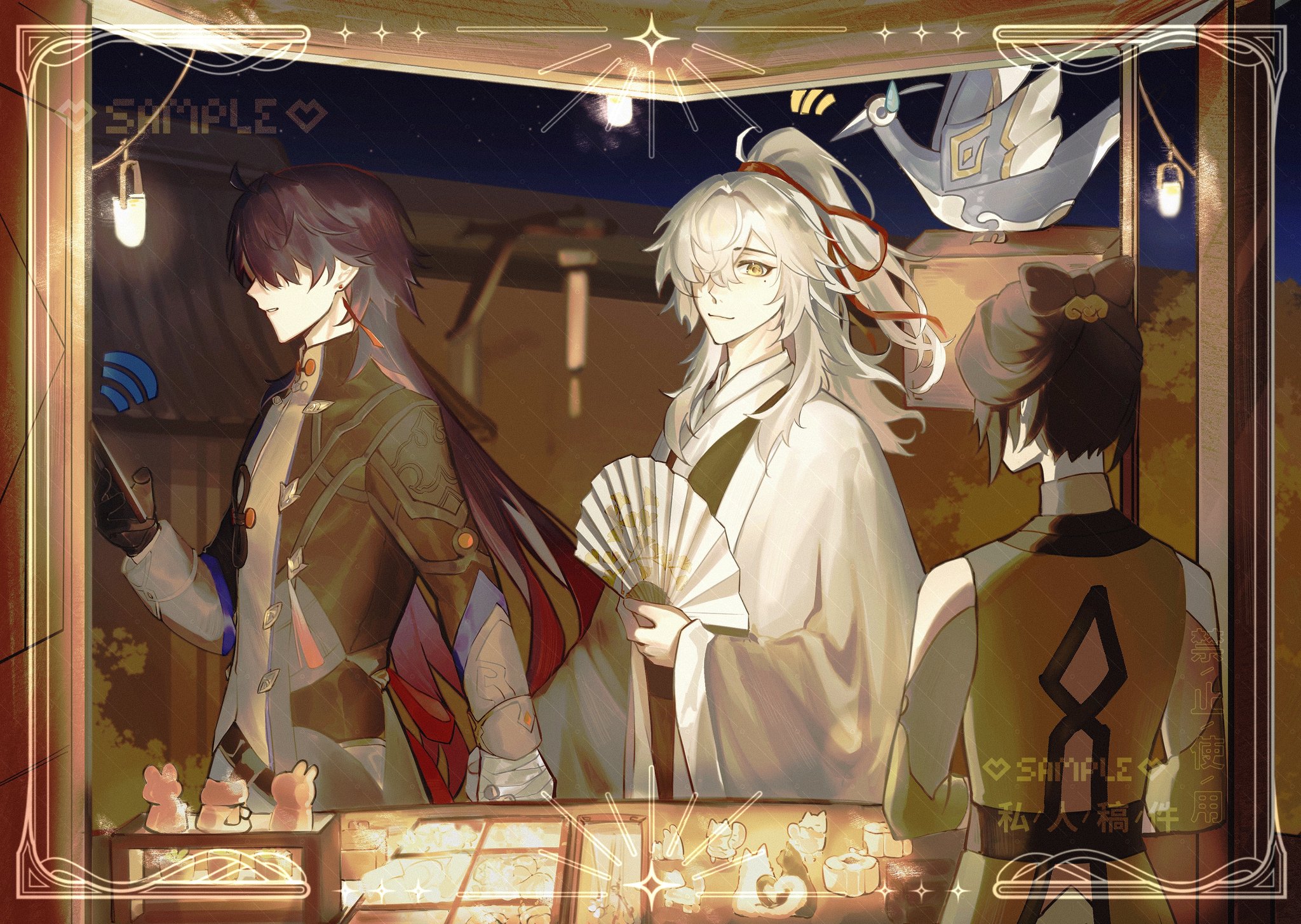 this image features a digital illustration of three animestyle characters standing in front of a brightly lit street food stall at night. the male character in the center has white hair and is dressed in a white robe, while the character on the left has black hair and is dressed in a brown jacket over a white shirt. the character on the right is a female with black hair and an orange shirt. the image is set in a vibrant city with colorful lanterns and intricate designs throughout the background.