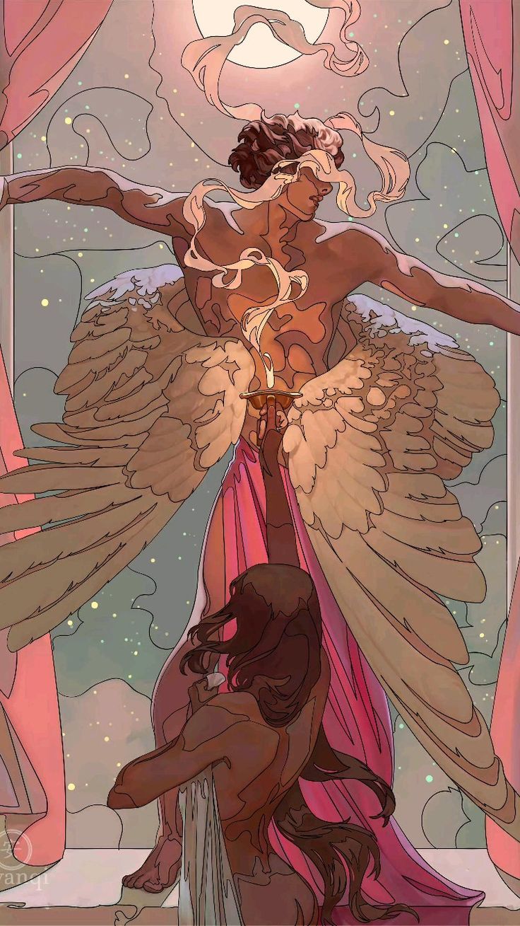 he image is a digital painting or illustration in a style reminiscent of art nouveau. it depicts a winged, blindfolded male figure, possibly an angel, holding a lit candle. he is centrally positioned, his large wings spread, and he's wearing a flowing pink drape. a woman with long dark hair is seated in the lower portion of the image, seemingly interacting with the winged figure. the background suggests a night scene with stars and a moon visible through curtains. the overall mood is romantic, ethereal, and dreamlike, with soft, muted colors dominating the palette. the style is highly detailed, with attention paid to the flowing lines of fabric and the delicate rendering of the wings.