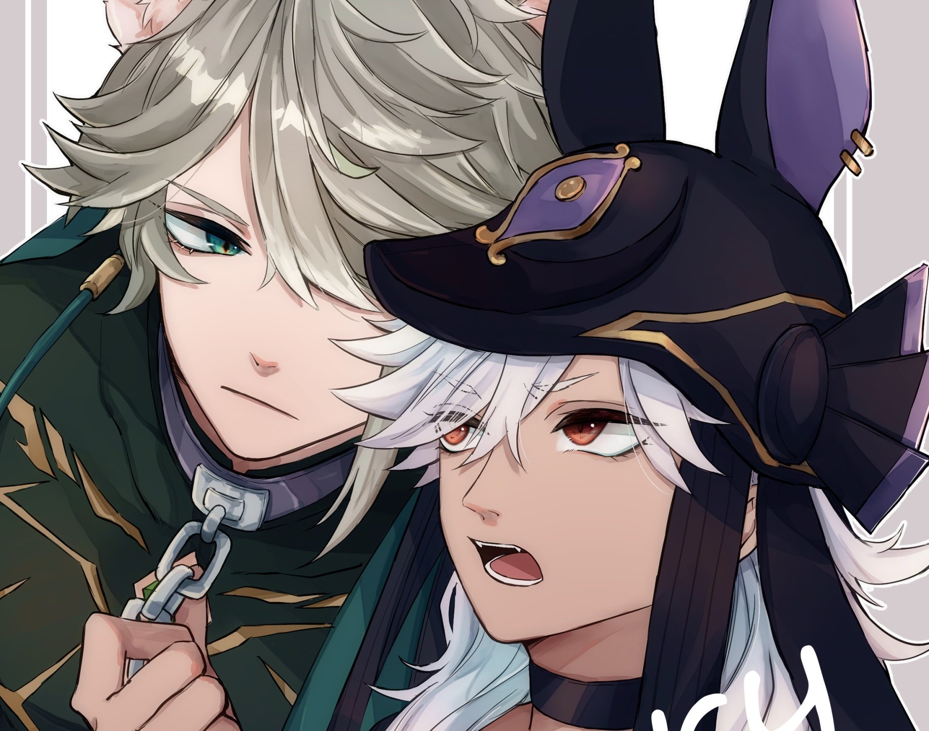 the image shows two anime characters close up to each other. the one on the left is a male character with silver hair, blue eyes, and a green outfit. the one on the right is a female character with white hair and brown eyes, wearing a black outfit with an intricate headdress and a necklace. the male character is smiling and looking at the female character, while the female character is looking at the viewer with a surprised expression. the two characters seem to be in a romantic relationship. the image is done in a digital art style.