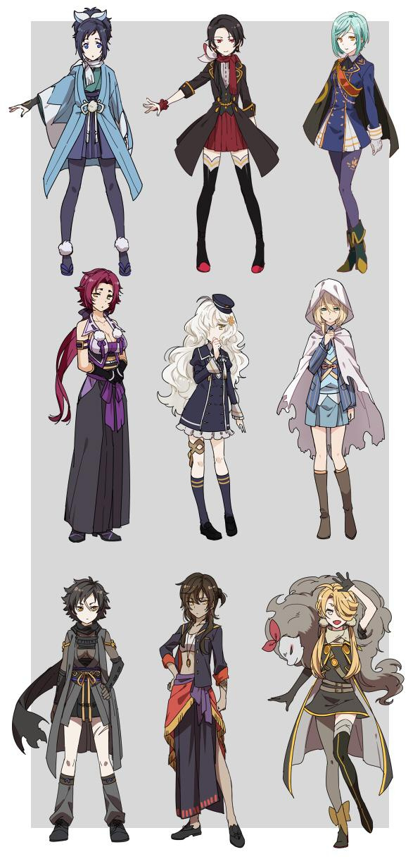this image showcases nine anime characters, each with their own unique and detailed designs. from the left, we see a girl with long blue hair, dressed in a light blue kimono with white trim, holding a sword in her left hand.  next is a girl with long black hair, wearing a dark red dress, with a black cloak and black boots, holding a sword in her right hand.  following her is a blonde girl, dressed in a  blue military uniform with a white belt and golden details, holding a sword in her left hand. the fourth character is a girl with long, fiery red hair, dressed in a dark purple and black dress and black boots.  the fifth character is a blonde girl wearing a black dress with white and blue trimmings, holding a sword in her right hand. the sixth character is a blonde girl wearing a white cloak with a blue dress and black boots underneath. the seventh character is a girl with short black hair, dressed in black and grey with a sword in her right hand. the eighth character is a girl with brown hair, dressed in black, red, and yellow, with a dagger in her right hand. the last character is a blonde girl with a white fur, wearing a black dress and black boots.