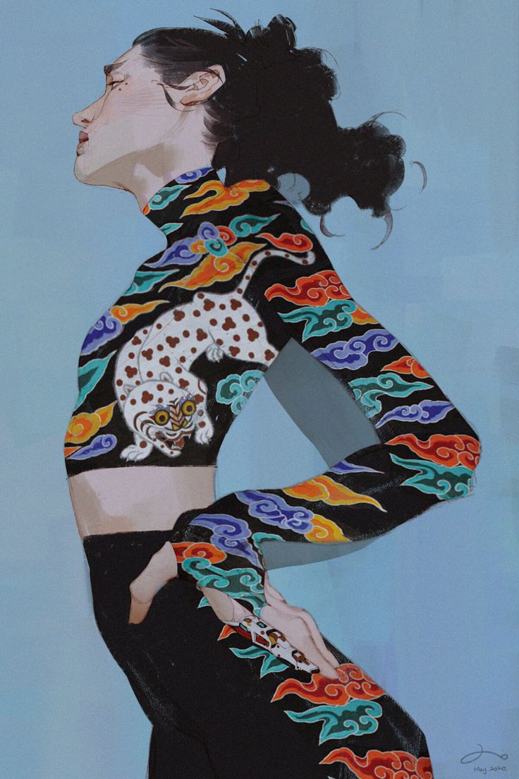 a digital illustration of a woman with black hair. the woman has black clothing and a colorful tattoo on her body, featuring a leopard with clouds around it. the background is a light blue.