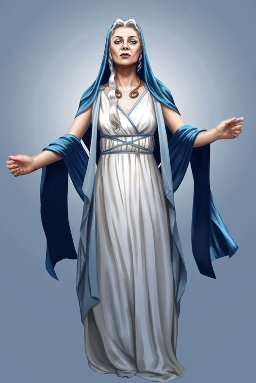 the image is a digital painting or illustration depicting a woman, possibly a goddess or priestess, dressed in flowing white classical attire.  she wears a long, white dress with a simple design and a matching blue shawl or drape that falls around her shoulders and arms. her hair is long, silver, and flows down her back.  her expression is calm and serene, yet commanding. the woman's arms are outstretched, as if in a gesture of blessing or welcoming. the background is a plain, muted bluegray, which helps to emphasize the figure and her attire. the overall style evokes a sense of classical antiquity, suggesting perhaps a representation of a mythical or historical figure. the painting is highly detailed, showcasing soft, realistic shading and rendering of the fabrics and the woman's features.
