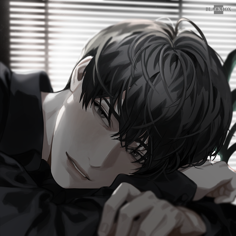the image depicts a closeup portrait of a young man in an anime style. he has dark hair falling over his forehead and is wearing a dark shirt. he is resting his head on his folded arms, looking directly at the viewer with a subtle smile. soft, natural light coming from a window creates shadows and highlights on his face, enhancing the depth and emotion of the image. the overall color palette is grayscale, with shades of black, gray, and white dominating the composition.