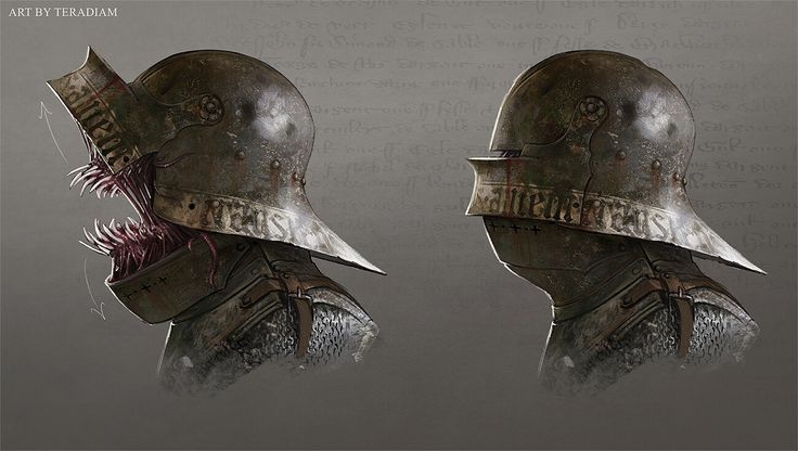 a concept art design of a knight's helmet, one side is a classic design, the other has a monstrous, gaping maw that is filled with jagged teeth.