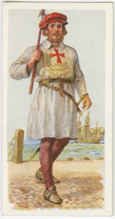 an illustration of a crusader stands on a beach with a ship in the background. he wears a red cap, a white tunic with a red cross, maroon tights, and shoes. he carries a staff and a sword. he has a belt around his waist. the scene is a shoreline with water and a ship in the background.