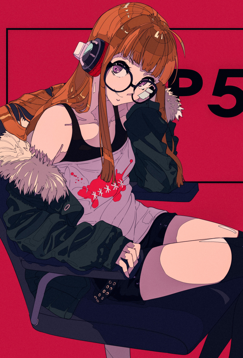 the image is a stylized digital fanart depicting futaba sakura from persona 5. she's sitting in a black chair against a vibrant red background, with the "p5" logo subtly featured. futaba is wearing headphones, glasses, and a casual outfit that combines a dark jacket with fur trim, a graphic tee with a blood splatter design and black shorts, and thigh high socks. her pose is relaxed yet stylish, suggesting a comfortable setting. the art style is distinctly animeinfluenced, with a focus on clean lines, bold colors, and expressive character design.  the overall aesthetic is a blend of cool and edgy, reflecting futaba's personality from the game.