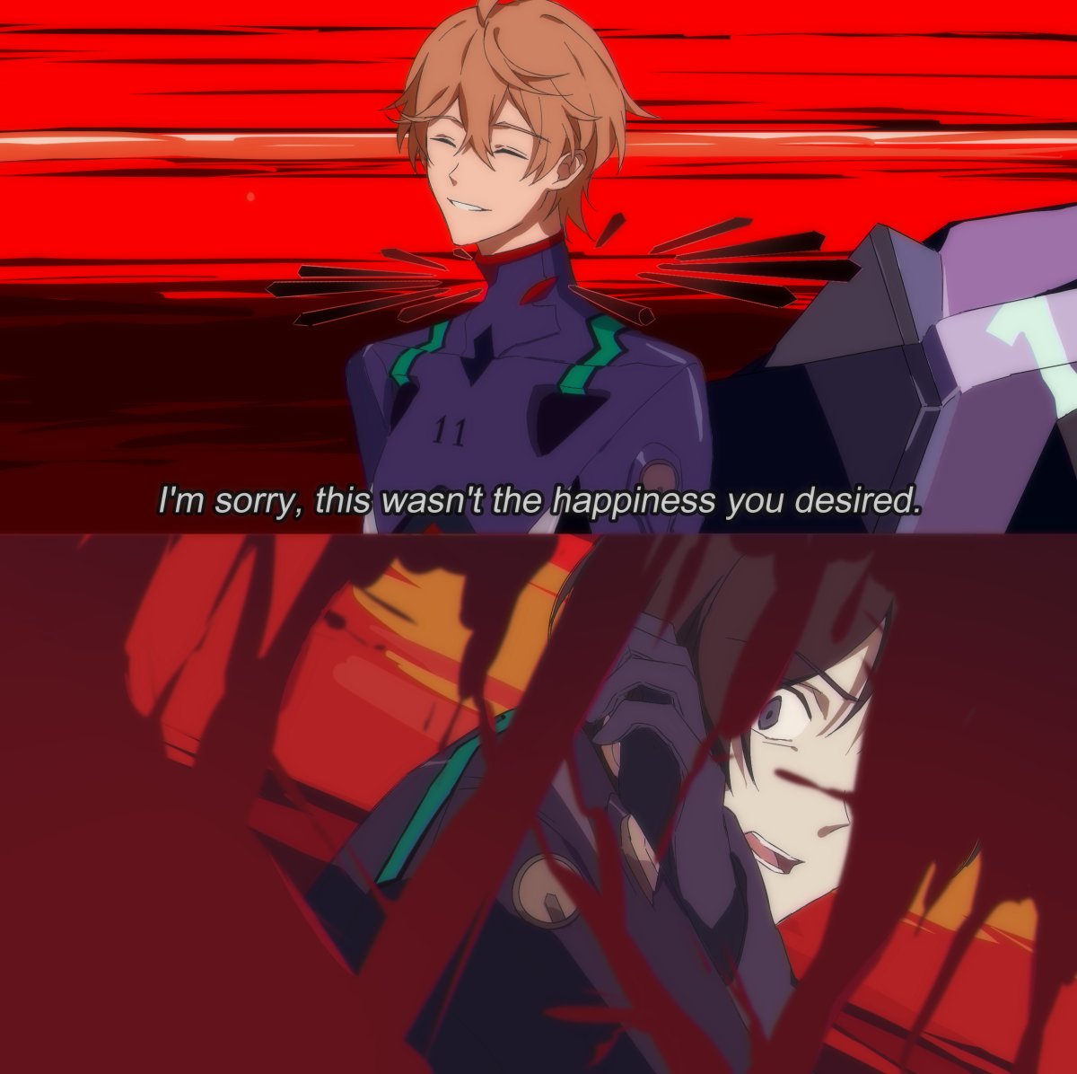 the image depicts a scene from the anime neon genesis evangelion. the characters rei ayanami and shinji ikari are shown in a somber setting.  rei is in her evangelion unit, while shinji stands behind her.  rei appears to be in emotional distress, while shinji, whose face is obscured by a mask, seems to be trying to comfort her.  the words "i'm sorry, this wasn't the happiness you desired." are written in the image, suggesting a moment of deep sorrow and regret for the events that have transpired. the image is filled with dramatic lighting and effects, enhancing the emotionally charged atmosphere.