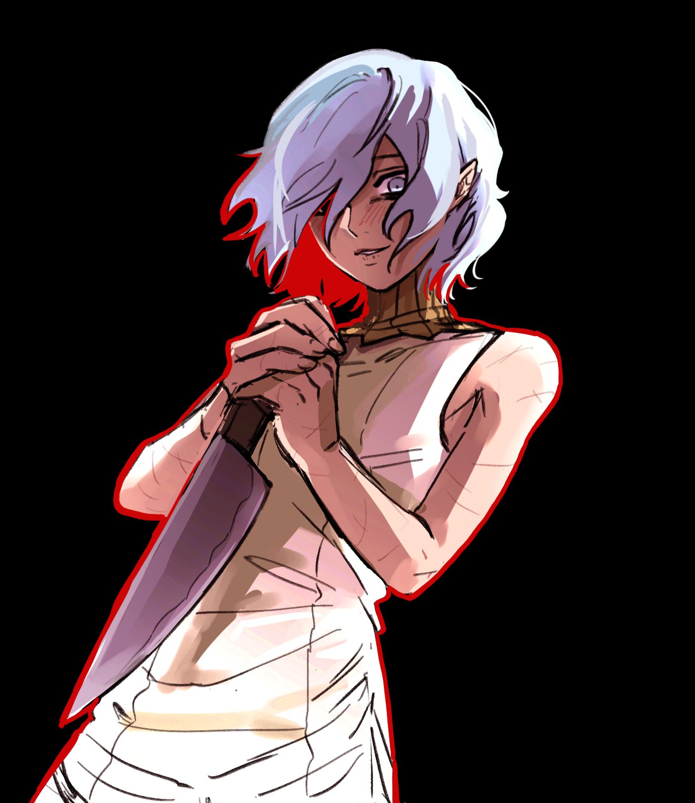 the image is a digital drawing or painting of an animestyle female character. she has short, light purple hair, pale skin, and appears to be injured, with visible scars on her arms.  she's wearing a simple white sleeveless dress or top that resembles an apron.  she holds a large kitchen knife to her chest with a somewhat sinister smirk on her face,  creating a sense of threat. the background is black with a splash of red behind her, enhancing the dramatic effect. the art style is somewhat rough and sketchy, giving it a raw and expressive feel. the overall mood is dark, mysterious, and possibly violent.