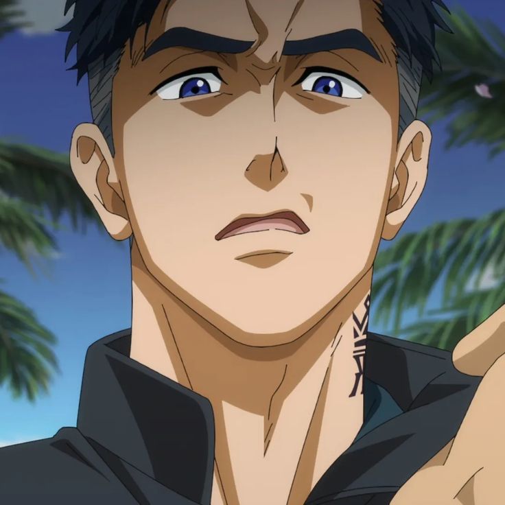 a closeup illustration of an anime man with dark hair, blue eyes, and a surprised or confused expression. he has a tribal tattoo on his neck and is wearing a dark shirt. the background suggests a tropical environment with palm trees.