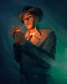 a digital painting in the style of film noir depicts a man in a fedora and trench coat, shrouded in shadow and smoke. he's lighting a cigarette with a match, his face illuminated dramatically by the flame. the overall atmosphere is one of mystery and suspense.