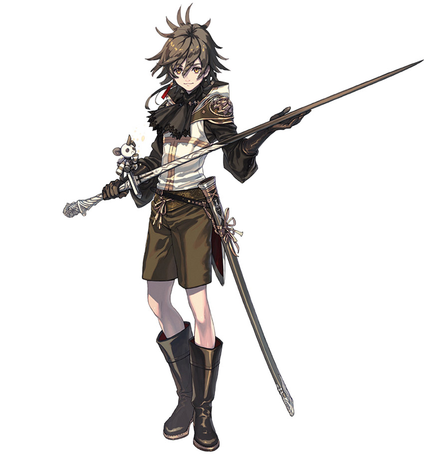 a young man with windblown brown hair, dressed in a white tunic and brown breeches, stands poised with a long sword.  a second sword hangs sheathed at his side. he wears kneehigh boots and a black necktie.  a small, white, stylized unicorn figure adorns his sword. the background is white, emphasizing the character.