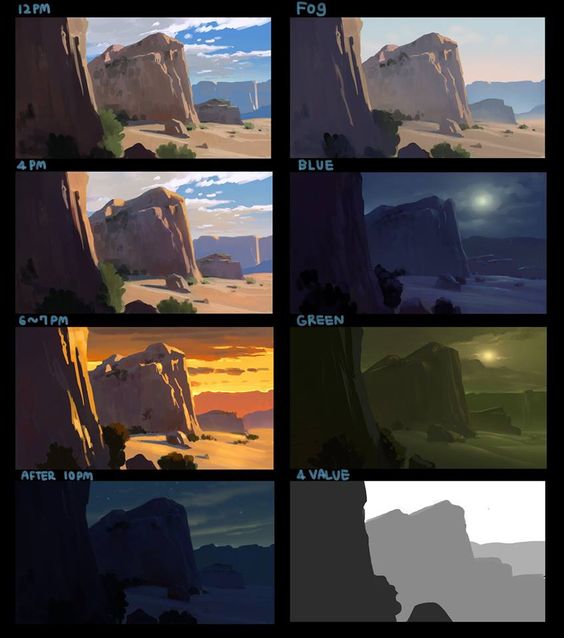 this image showcases a series of digital paintings depicting a desert landscape under various lighting conditions and color palettes. it explores the visual impact of time of day, from midday sun to sunset, night, and a foggy morning. the scene includes prominent rock formations and canyons, creating a sense of depth and vastness. the inclusion of a value study highlights the light and shadow play within the composition.