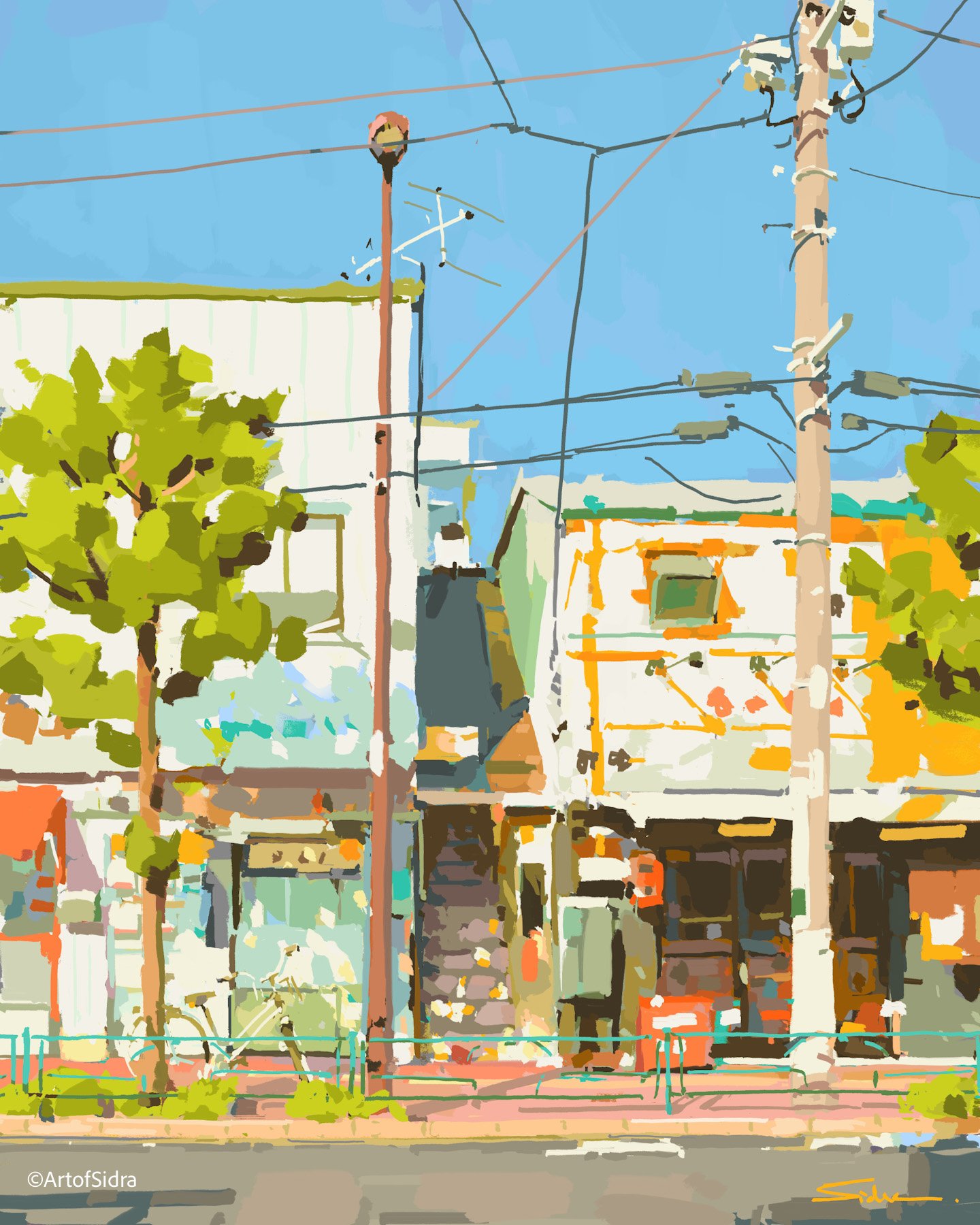 a colorful painting depicting a street scene with buildings, trees, utility poles with power lines, and a bicycle parked near a storefront. the sky is blue, and the overall impression is an urban setting with a vibrant, illustrative style. a blue fence runs along the sidewalk.