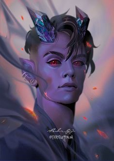 a portrait of a young man with dark purple skin and short, dark hair. he has large, crystallike horns protruding from his forehead and pointed ears. his eyes are a striking red. he wears a dark, highcollared outfit, and a smoky, ethereal effect surrounds him. the lighting is dramatic, with rim lighting highlighting his features.  the overall aesthetic suggests a fantasy or dark fantasy setting, and the character might be a tiefling or a demon.
