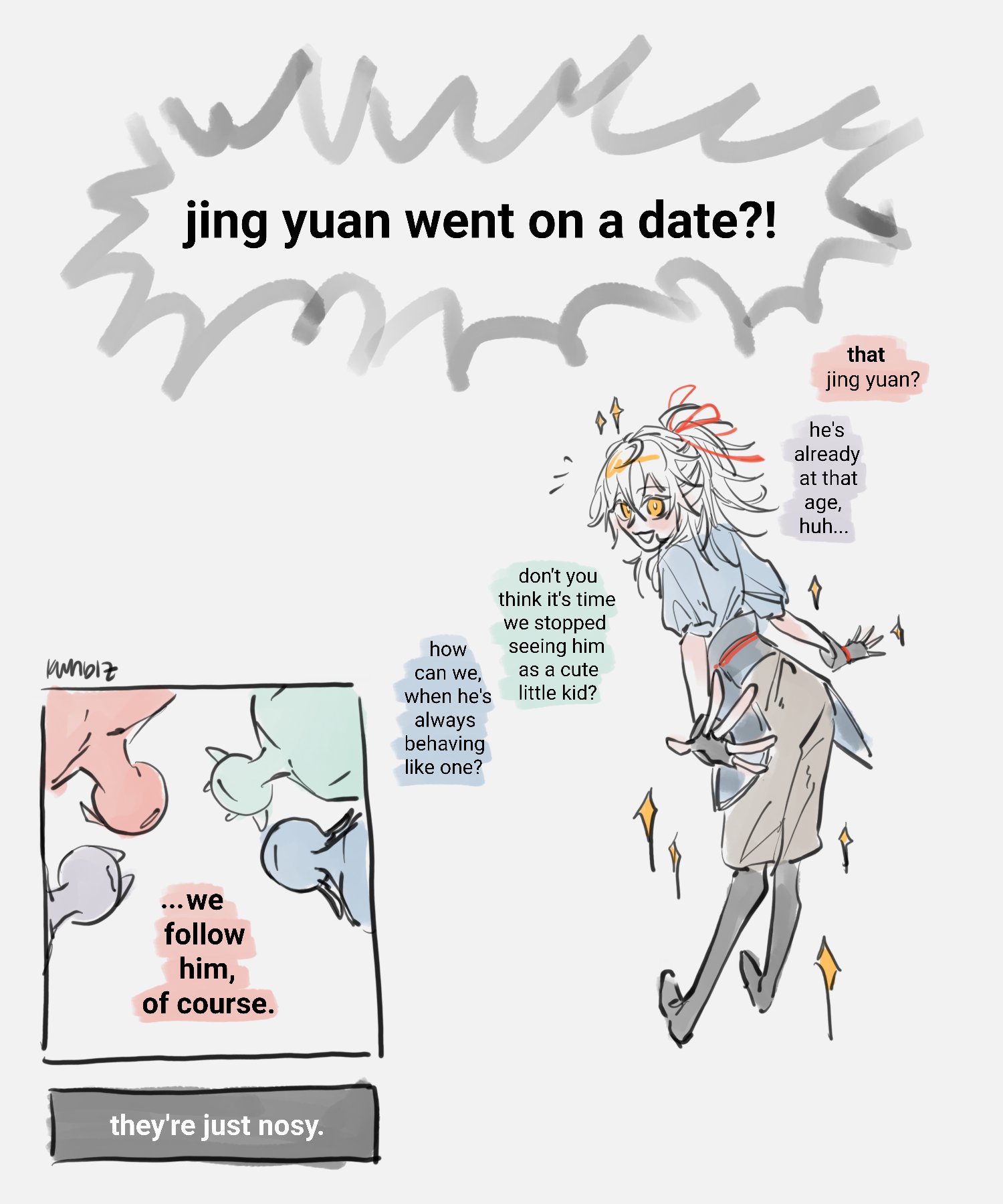 the image is a comic panel that depicts a young man and a group of characters. the young man, jing yuan, is walking and smiling as he speaks. the group of characters are looking at him and talking about him. they are curious about his relationship and wonder if he is on a date. the characters are drawn in a cartoon style with a cute and bubbly aesthetic. the speech bubbles convey a sense of excitement and curiosity.  the overall tone of the image is lighthearted and playful.