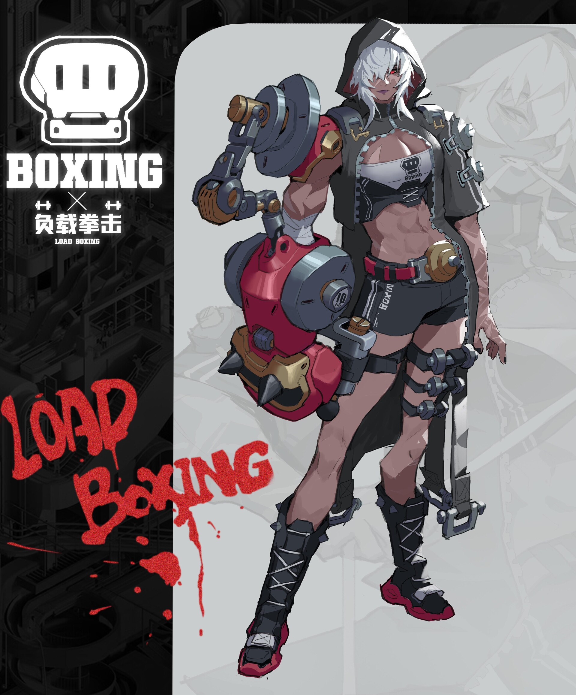 an illustration of a cyborg woman with white hair and a hood, wearing a black top and short shorts, with a mechanical arm holding a red device, next to a logo for "load boxing".