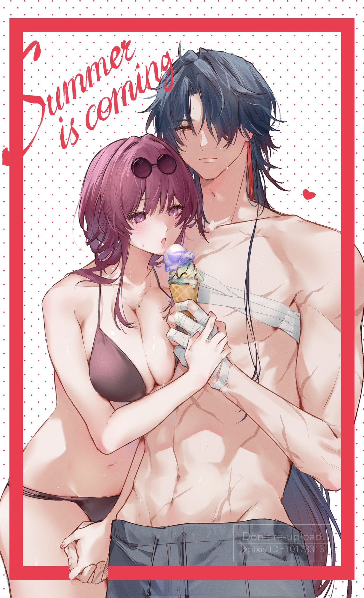 this is a digital artwork of an anime couple enjoying the summer. the man, with dark hair and piercing blue eyes, is wearing a swimsuit with a white bandage on his arm.  the woman with vibrant pink hair is wearing a black bikini and holds an ice cream cone. the background is a pink polka dot pattern with the text "summer is coming" in a playful font. the couple is looking at each other, with the man's hand protectively around the woman's waist and the woman's face blushing as she looks at him. the overall feeling of the artwork is one of warmth, joy, and summer romance.