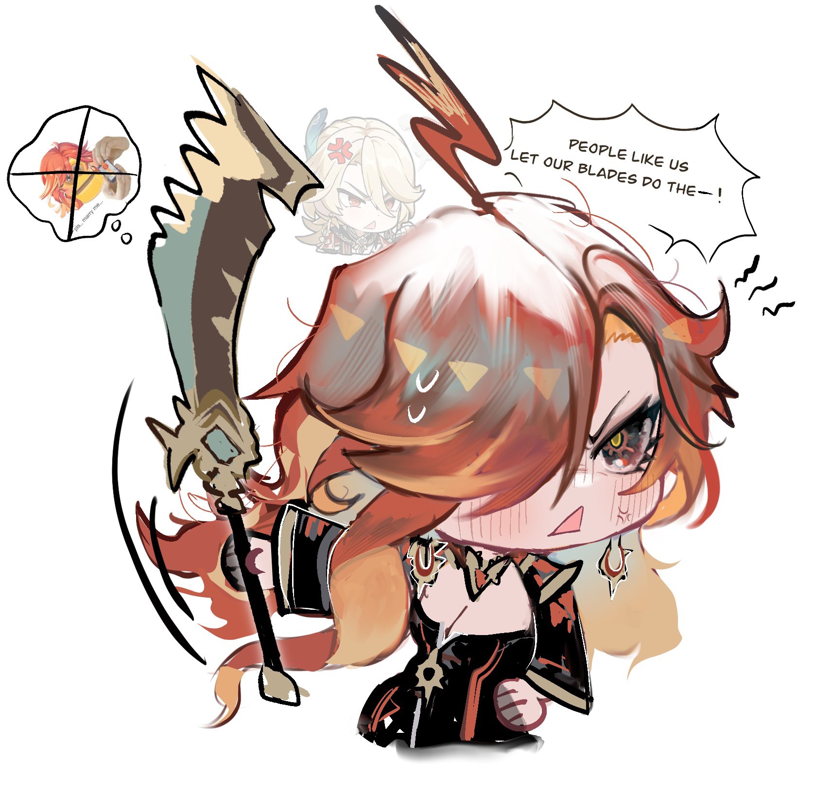 a chibi drawing of hu tao from the game genshin impact, she has her red hair, wearing a black dress, and holding a sword, she is in an angry pose with a thought bubble over her head that says "people like us let our blades do the"