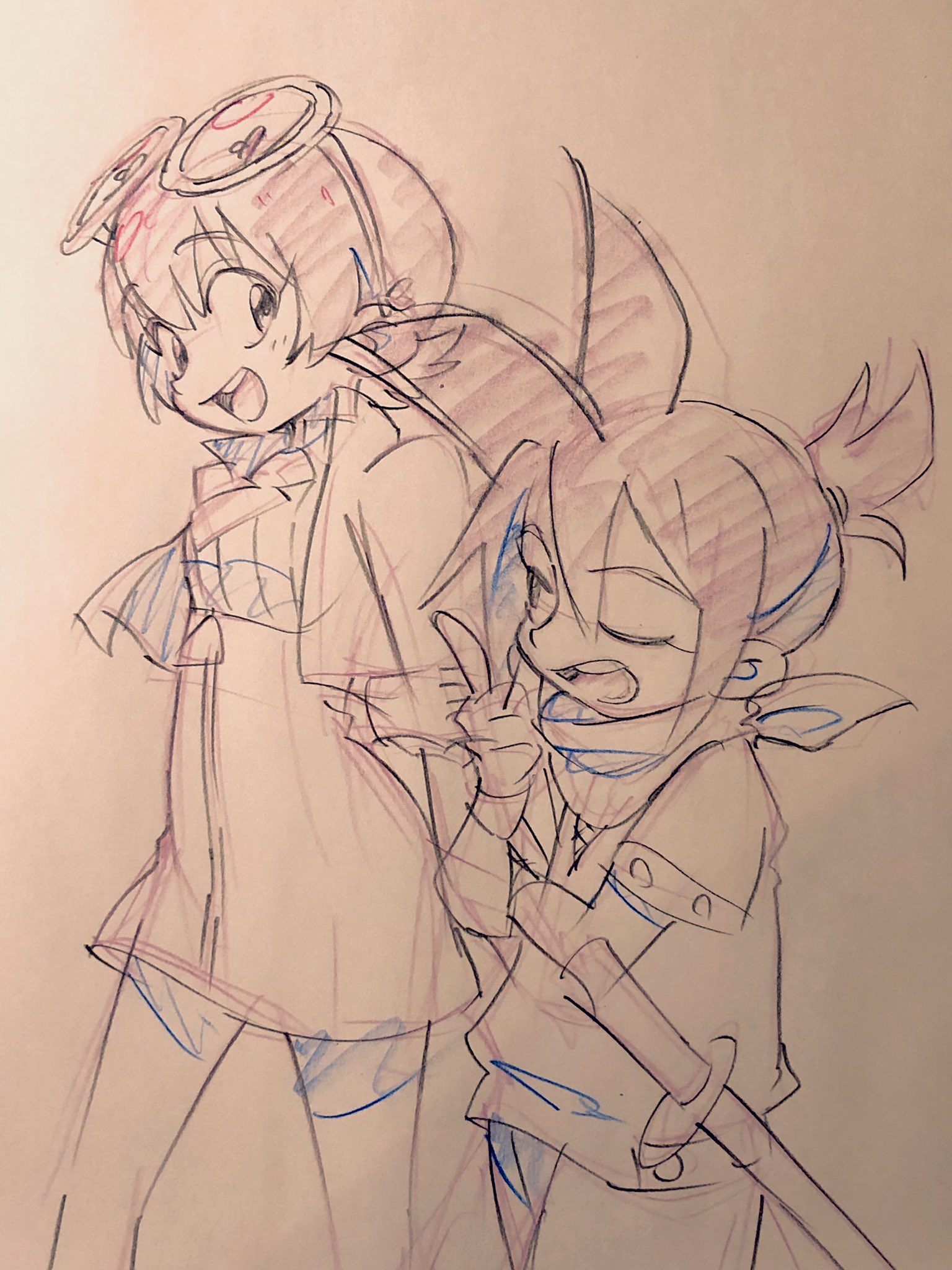 the image is a sketch of two animestyle characters, a girl and a boy, standing close together and smiling brightly. the girl, on the left, is wearing goggles on her head, a loosefitting shirt, and shorts. the boy, on the right, has short hair and is wearing a bandana, a jacket with a scarf, and pants. he is holding a long, thin object, possibly a weapon or tool.  the sketch is drawn in a loose, energetic style with blue and pink pencils on offwhite paper, giving it a sense of movement and life.
