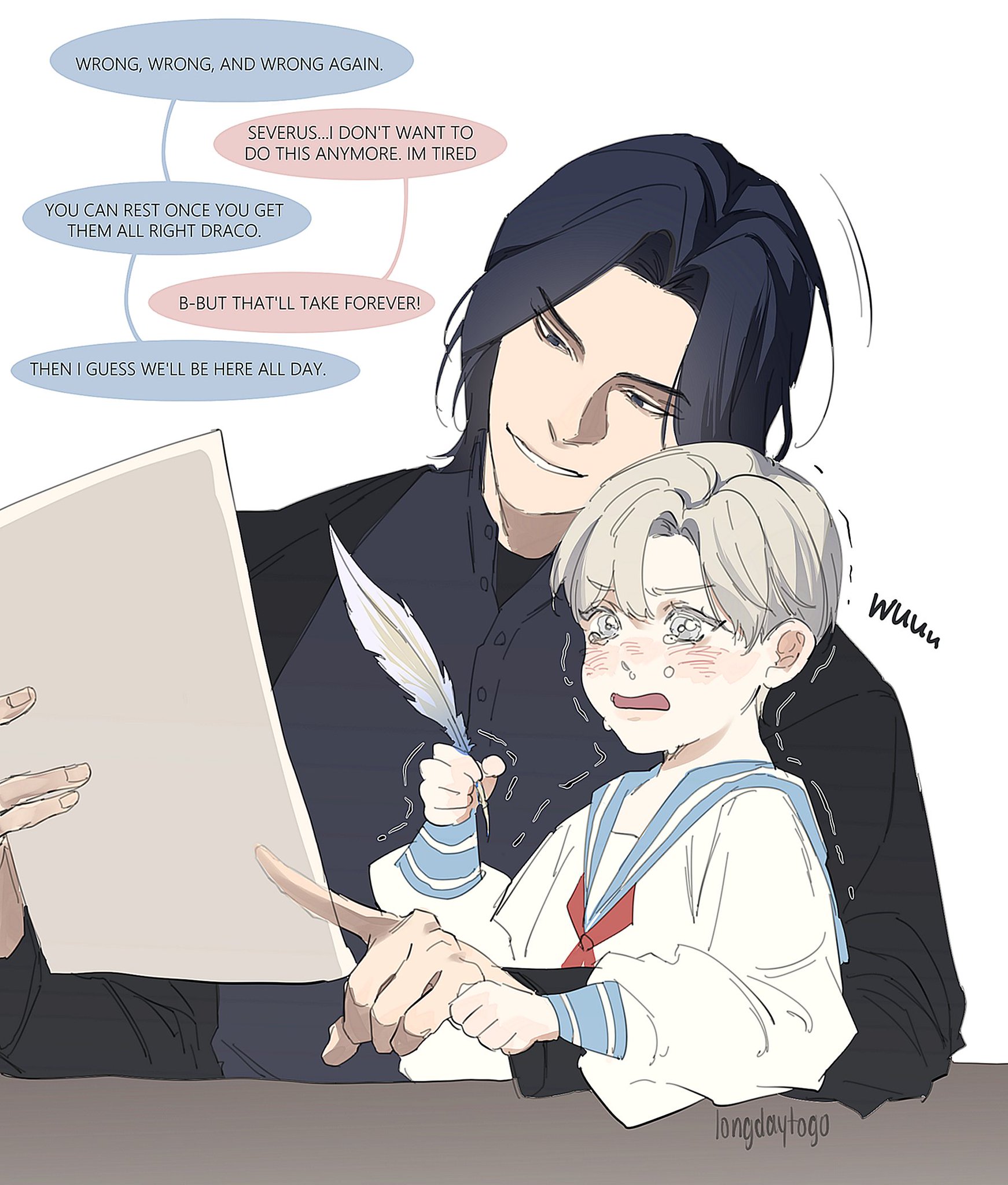 a digital illustration depicting a scene from a fanfiction likely based on the harry potter universe.  the image shows a sternlooking severus snapeesque character with dark hair and a dark jacket, mentoring a smaller, crying draco malfoylike character in a sailorstyle outfit. snape is holding a piece of paper while the younger character clutches a quill. speech bubbles illustrate a conversation between the two, highlighting the teacher's exhaustion and the student's distress over making multiple mistakes. the art style is soft and slightly sketchy, with subtle emotional details in the characters' expressions and body language. the overall feeling is one of affectionate exasperation and tenderness.