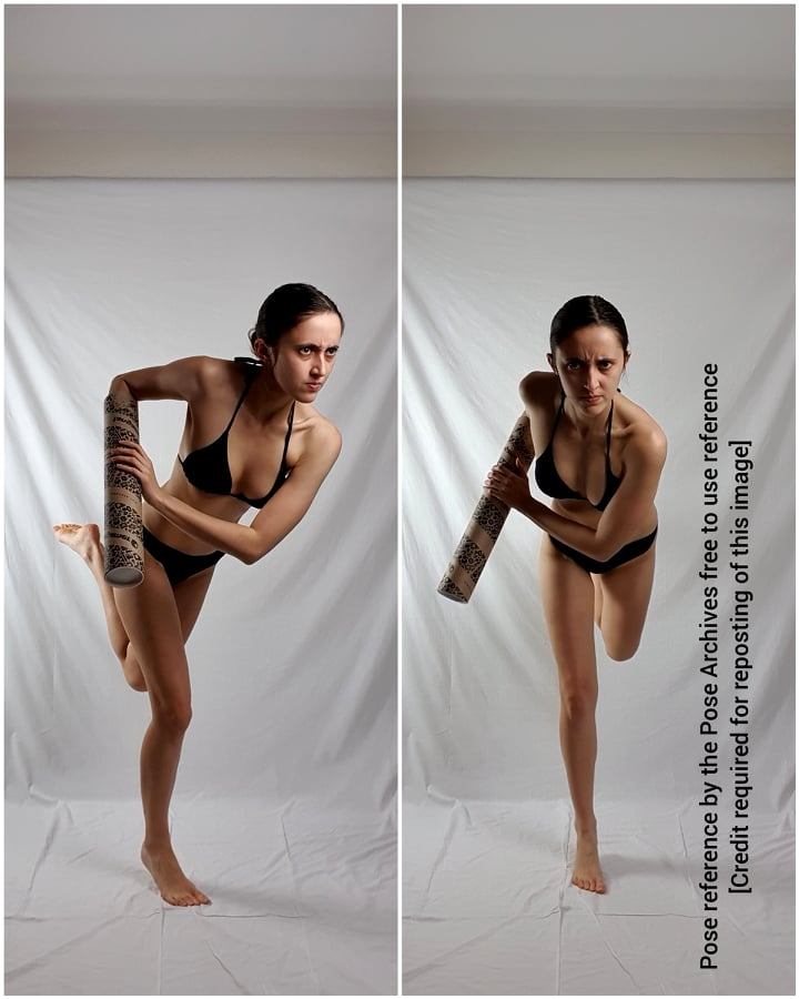 a woman in a bikini stands in a fighting stance against a white background, holding a stafflike object. the image is a diptych, showing two slightly different poses. she has a determined expression on her face.