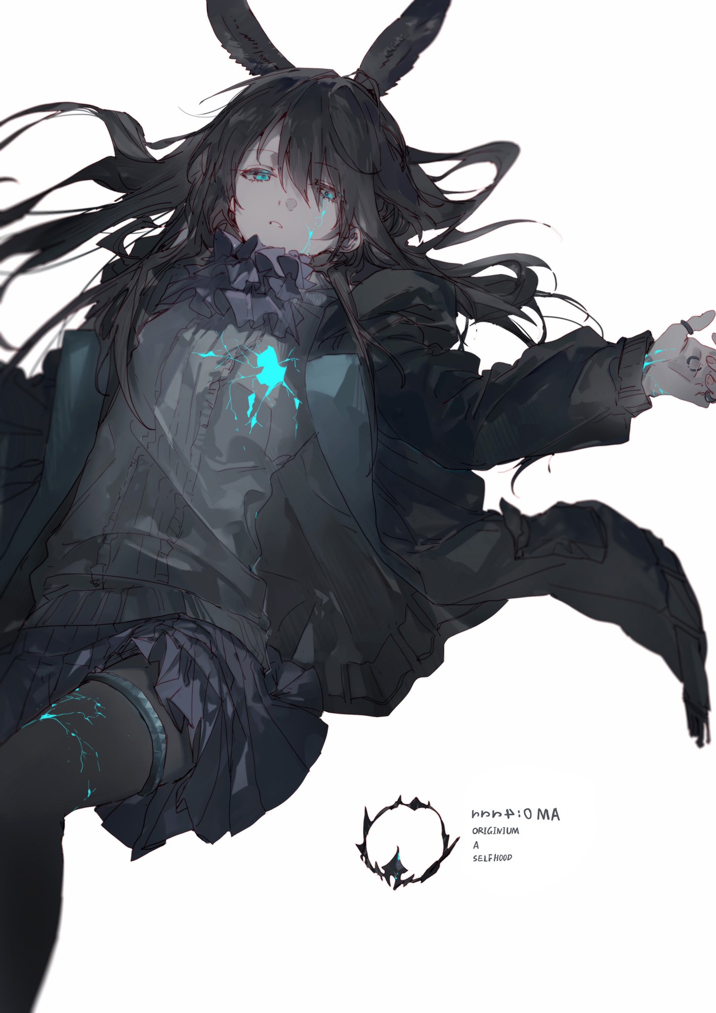 an anime illustration of a girl with black hair and bunny ears, wearing a dark dress, coat, and thigh high socks with a garter. she has blue eyes and is crying, with blue glowing tears. there is a blue glow emanating from her chest and leg. the background is white with some text and a dark ringshaped drawing. the artwork is signed "hhhpa:0ma originium a selfhood."