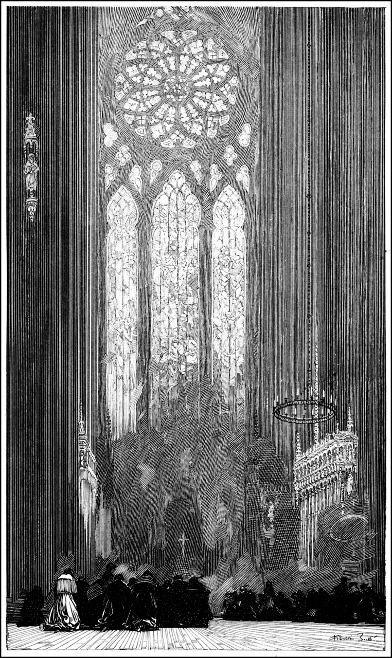 he image is a black and white illustration or engraving depicting the interior of a grand cathedral.  the focal point is a large, ornate rose window high above, bathed in light that filters down through tall, narrow stainedglass windows.  the lower portion shows a congregation of people, mostly in dark robes, kneeling in prayer.  a figure in lighter clothing, possibly a priest or nun, stands near the front.  architectural details, including a richly detailed altar area to the right,  are intricately rendered. a chandelier hangs from the ceiling, adding to the atmosphere. the overall style suggests a historical setting, possibly medieval or gothic revival, and evokes a sense of reverence and quiet solemnity.