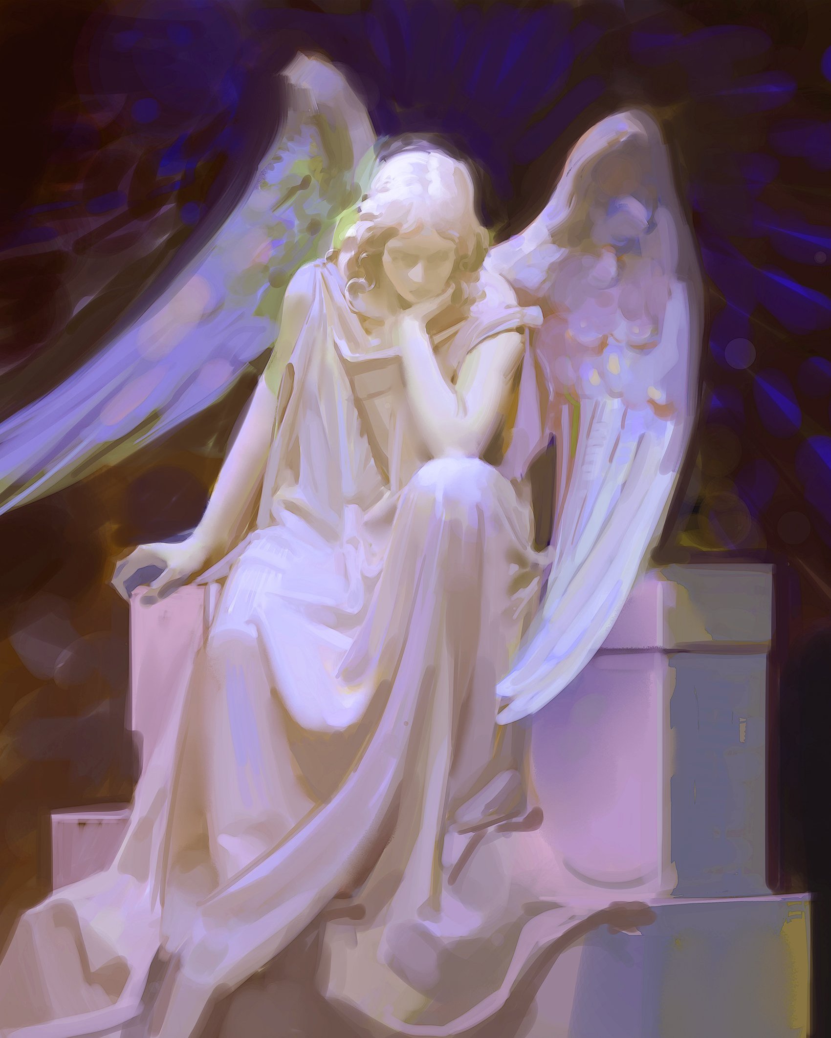 a white marble statue of an angel with wings outstretched, sitting with her head in her hand in a contemplative pose. the statue is set against a backdrop of soft purple and blue hues. the angel appears serene and peaceful, radiating an air of holiness and grace. the image evokes a sense of spirituality, hope, and the beauty of faith.