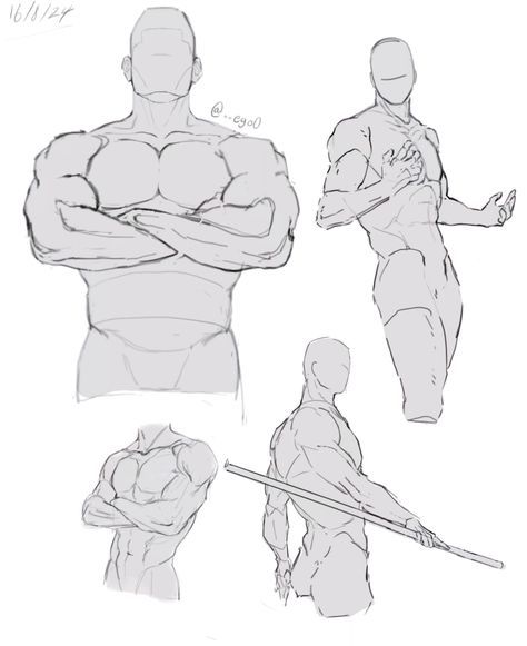 the image contains four different sketches of male figures, demonstrating various poses and muscle structures.  the style is loose and sketchy, focusing on conveying the form and movement of the body.  the figures are largely devoid of facial features, with the emphasis on anatomical accuracy and gesture.  one figure shows a strong, muscular build with arms crossed; another depicts a figure in a relaxed pose, while another shows a figure holding a staff. the final figure is a torso study. the overall style suggests a quick study or practice piece by an artist working on improving their anatomical understanding and drawing skills.