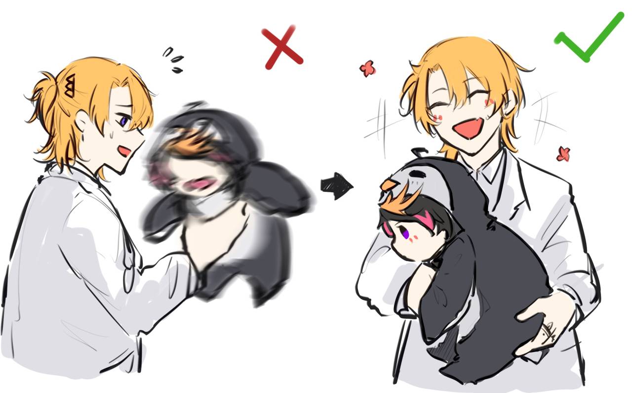 this is a cute and funny drawing of two anime characters. the character on the left has a surprised expression and is holding a penguinthemed stuffed animal, the character on the right is happy and hugging the penguin. the image also has a red cross on the left and a green checkmark on the right.