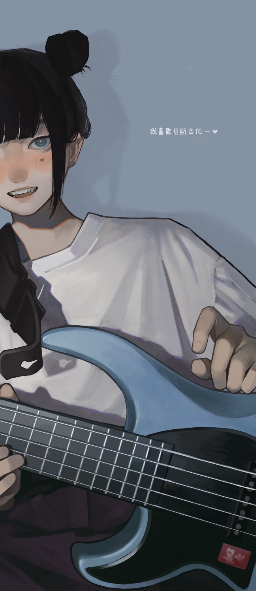 the image is a digital illustration of an animestyle girl playing a blue electric bass guitar. she has dark hair styled in two buns, bangs covering her forehead, and fair skin with rosy cheeks. she's wearing a simple white tshirt and dark purple pants. her expression is soft and pleasant. the background is a light blue, providing a contrast to the vibrant colors of her clothing and guitar.  japanese text is subtly placed in the upper right corner. the overall style is clean and slightly melancholic.