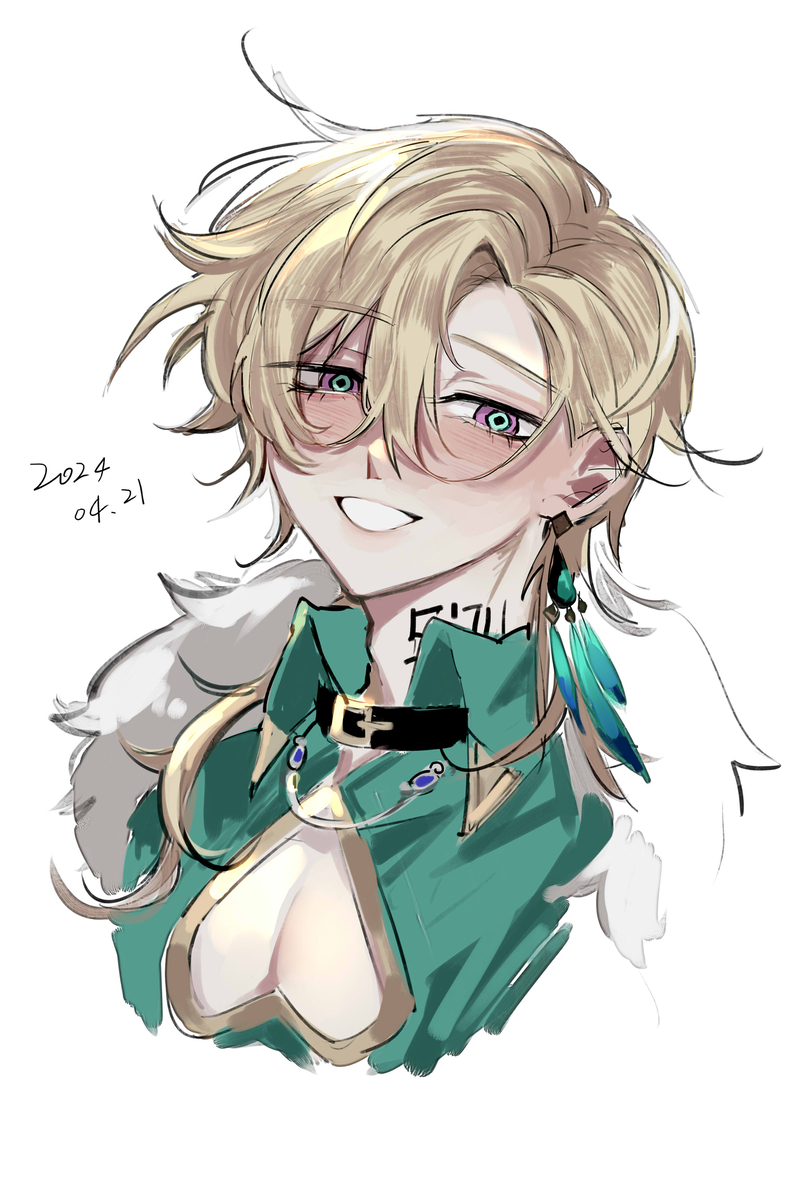 a digital illustration of an anime character with blond hair, green eyes, a green shirt, a necklace with an anchor charm, and feather earrings, smiling brightly against a white background. the drawing is dated 2024.04.21.