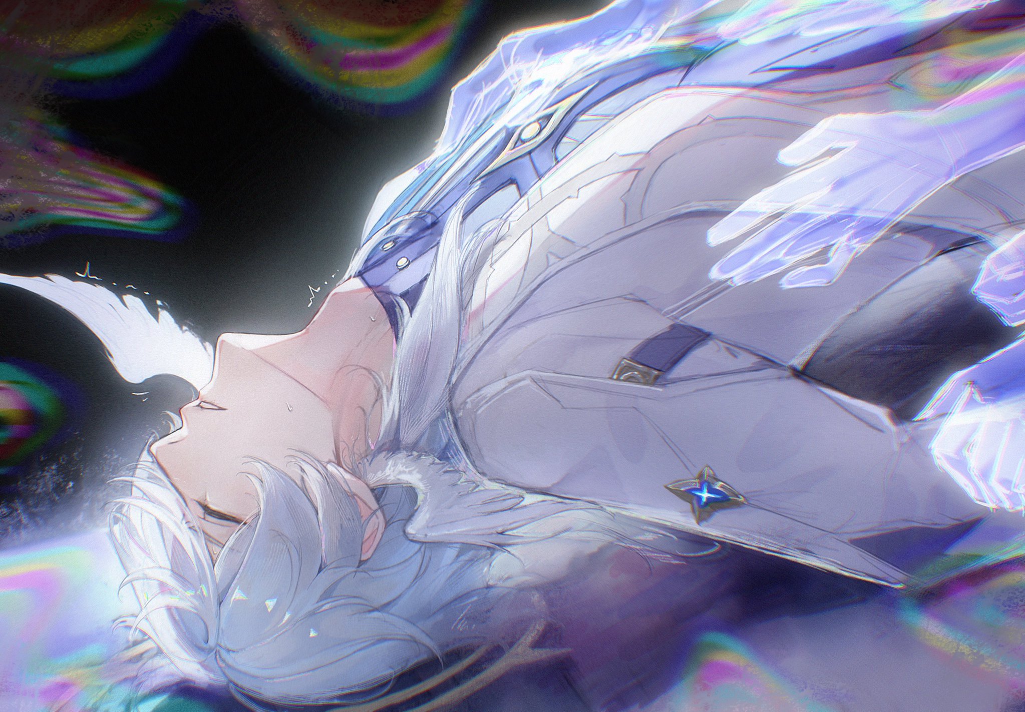 the image is a digital painting of an animestyle male character lying on the ground, seemingly deceased or in a state of transition.  his hair is a mix of white and light blue, and he's wearing a lightcolored, almost translucent coat or uniform with a starshaped emblem.  the style is ethereal and dreamy, with translucent hands and wings appearing around him, along with iridescent, rainbowlike visual effects that suggest a spiritual or otherworldly element. the overall mood is melancholic and peaceful, conveying a sense of sorrow and loss, yet also a feeling of transcendence.