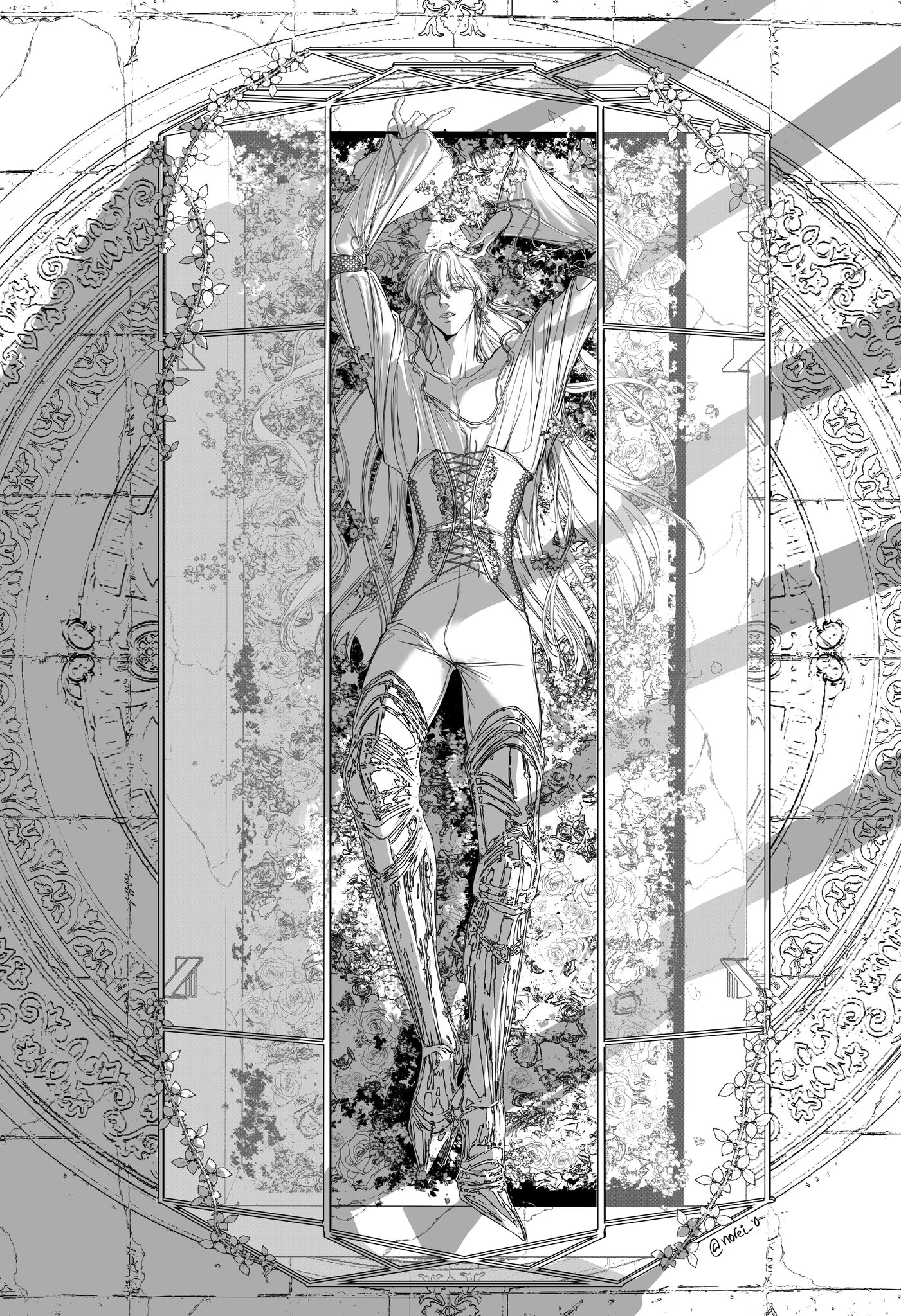a black and white illustration of a woman dressed in a corset and gown laying in a decorative frame.  she has intricate details on her clothing and her hair is flowing behind her. the background is ornate and creates a feeling of a fantasy world.