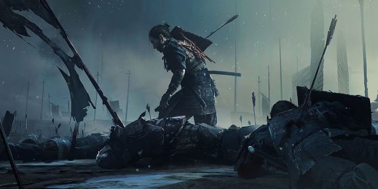 the image shows a scene from the video game ghost of tsushima. a samurai stands amidst a battlefield littered with corpses and debris. many arrows stick out of the ground and the bodies, and tattered flags stand in the background. the samurai is wearing armor and has a sword strapped to their back. the overall atmosphere is dark and somber, conveying a sense of loss and destruction.