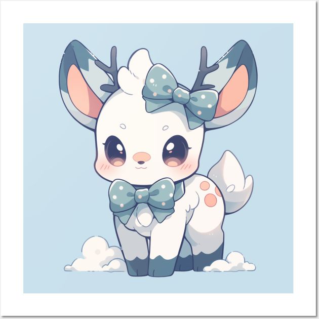 a cute, white, baby deer or reindeer wearing a blue bow and standing on snow.  the background is a pale blue. the fawn has large, brown eyes and pink cheeks. the cartoonstyle art is adorable and whimsical.