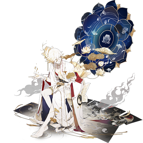 an anime character with white hair and red eyes, wearing a white and gold kimono, sits on a lotus throne against a blue and gold background. the background features a large lotus flower design and wisps of smoke. the character appears to be in a state of contemplation or sadness.