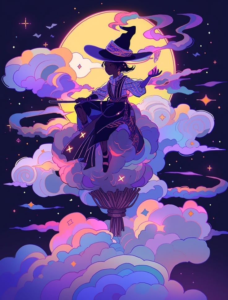 a cartoon illustration depicts a whimsical scene of a witch riding a cloud broom through the night sky. the witch, adorned with a hat, floats above a bundle of sticks resembling a broom, surrounded by pastelcolored clouds of pink, purple, and blue. in the background, a large yellow moon glows, accompanied by scattered stars that enhance the magical atmosphere.