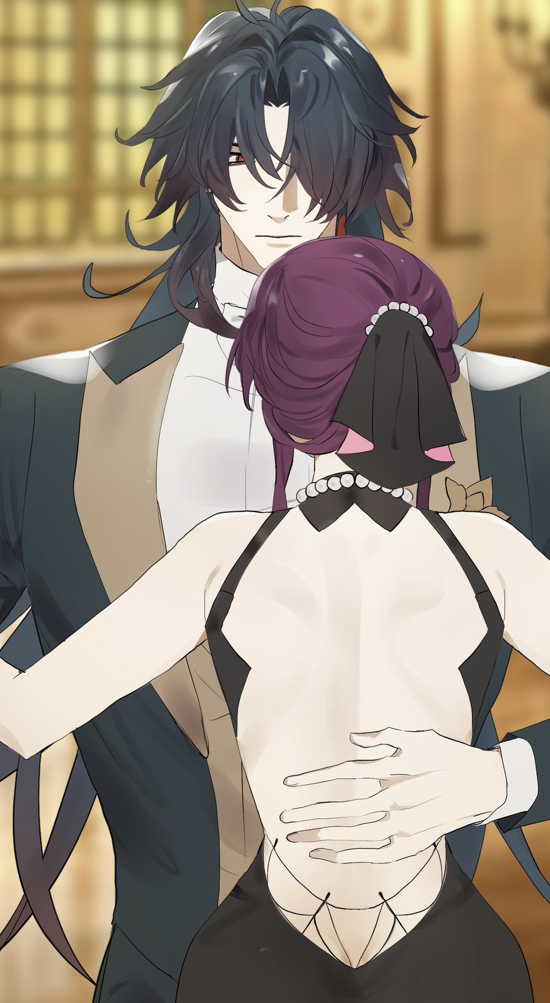 an anime couple are embracing in a ballroom. the man, in a dark suit and white shirt, is gently hugging the woman from behind. she's wearing a black dress with a low back and her purple hair is styled in a way that accentuates her features. the background of the image is an elegant ballroom setting, with a warm and inviting atmosphere. the couple's expressions convey a sense of romance and affection. the art style is a beautiful blend of detail and simplicity, creating a compelling and emotional scene.