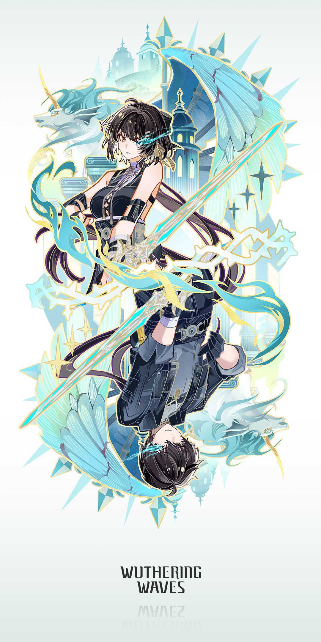 the image is a vertically oriented animestyle artwork featuring two characters, one female and one male, positioned in a mirrorlike reflection. above the female character is a fantastical city skyline with architectural details and a stylized white dragonlike creature. both characters are holding swords that intersect diagonally across the image. the overall color palette is dominated by blues, whites, and golds, with sparkling and wavy effects adding a sense of dynamism. at the bottom of the image, the text "wuthering waves" is prominently displayed, with a reflected version below it.