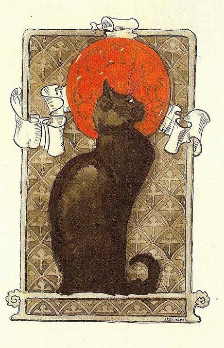 this is a vintage illustration of a black cat sitting upright in front of a red moon. the image is framed with a decorative border and adorned with scrolls at the top and sides. the background within the frame has a patterned design. the signature "steinlen" is visible in the bottom right corner, indicating the artist is théophile steinlen.