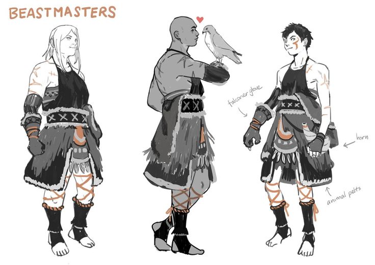 a concept art design of three beastmasters, one woman and two men, the woman has a furry black skirt, the men wear leather, and the men have horns, and the men have animal pets, a falcon, and a horn. the woman is on the left side of the image, the men are on the right side. they are all drawn in black and white with some color highlights.