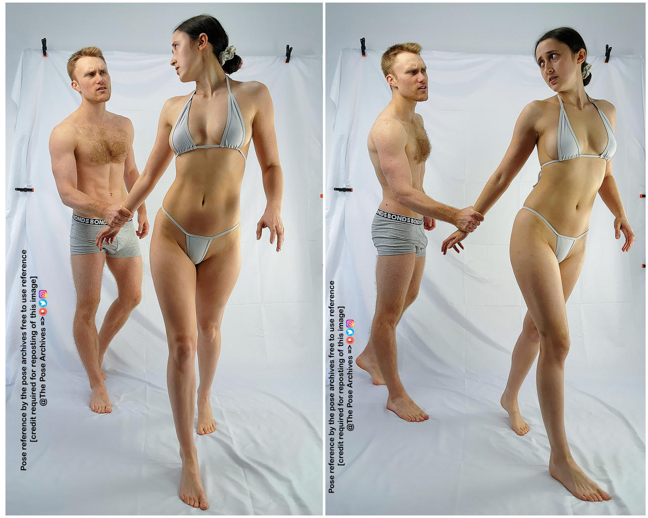 the image shows a man and a woman standing in front of a white backdrop. the man is wearing gray boxer briefs and the woman is wearing a white bikini. in both images, the couple is engaged in a tense interaction. the man has a surprised expression on his face, while the woman looks angry. the left image shows the woman grabbing the man's arm as if she's stopping him from leaving. the right image shows the woman pulling the man towards her. ```