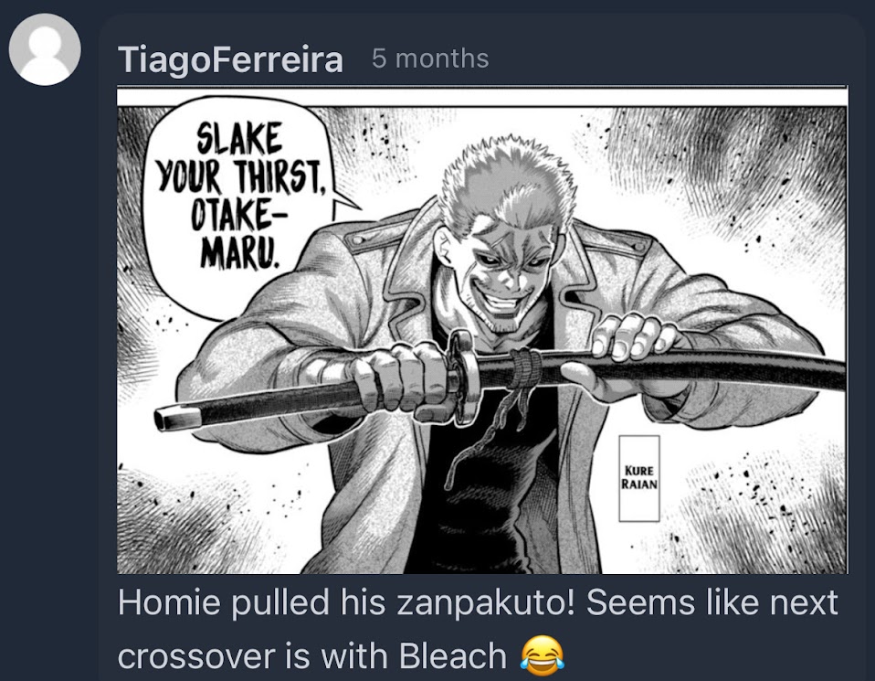 the image is a comic panel from the manga series "kure raian", featuring the character kure raian. he's holding his sword, which is a zanpakuto, a type of sword used in the anime and manga series "bleach". the panel has a speech bubble above raian, stating "slake your thirst, otakemaru.". the text below the panel reads "homie pulled his zanpakuto! seems like next crossover is with bleach". the text is in a meme format, implying that raian's zanpakuto suggests a potential crossover with the bleach universe.