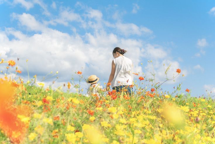 a mother and her young child are walking through a field of bright yellow and orange cosmos flowers on a sunny day. the sky is a clear blue with fluffy white clouds. the mother is wearing a white top and jeans, while the child is wearing a straw hat. they are holding hands and appear happy and carefree. the overall scene is peaceful and serene, filled with natural beauty.