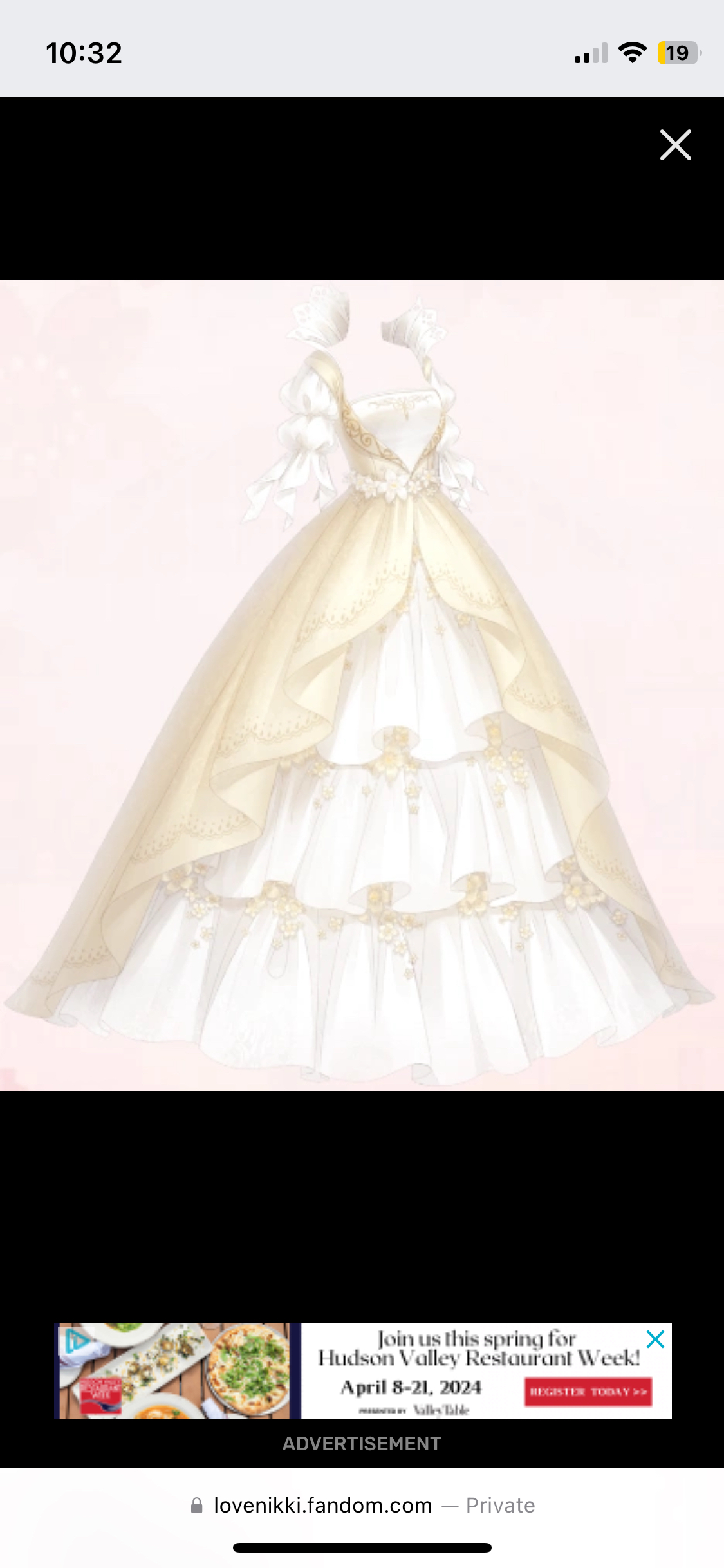 a fulllength image of an elaborate white and gold ball gown, possibly a wedding dress. it features multiple layers of tulle and lace detailing. the dress is showcased against a white background, likely in a studio setting. an advertisement for hudson valley restaurant week is visible at the bottom.