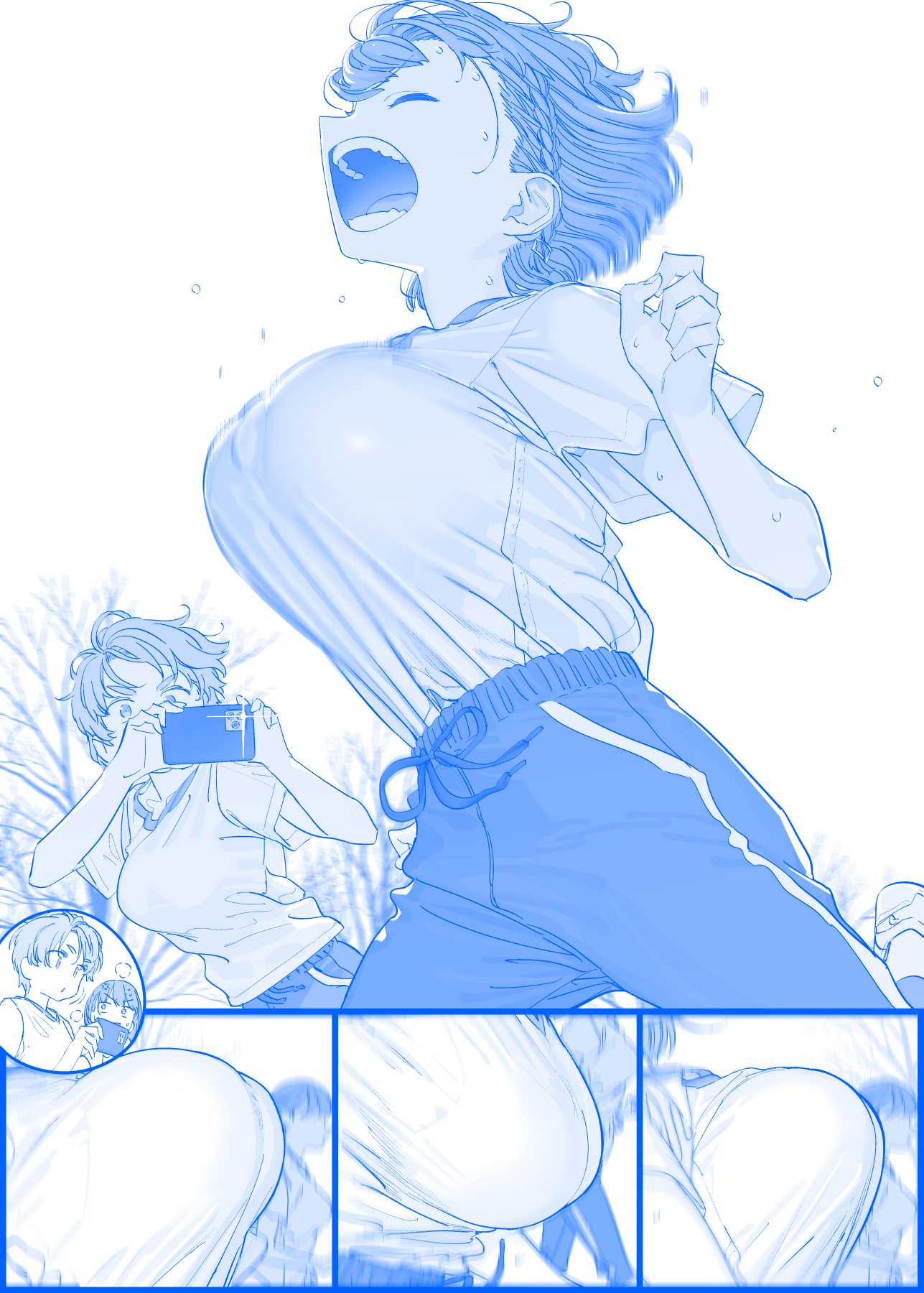 this is a blue line manga illustration of an anime girl who is excited and holding a camera. there are several blue lines depicting her excitement. in the lower portion of the image, there are multiple panels that have more of her blue lines depicted, with some of them being blurred or a little difficult to see.