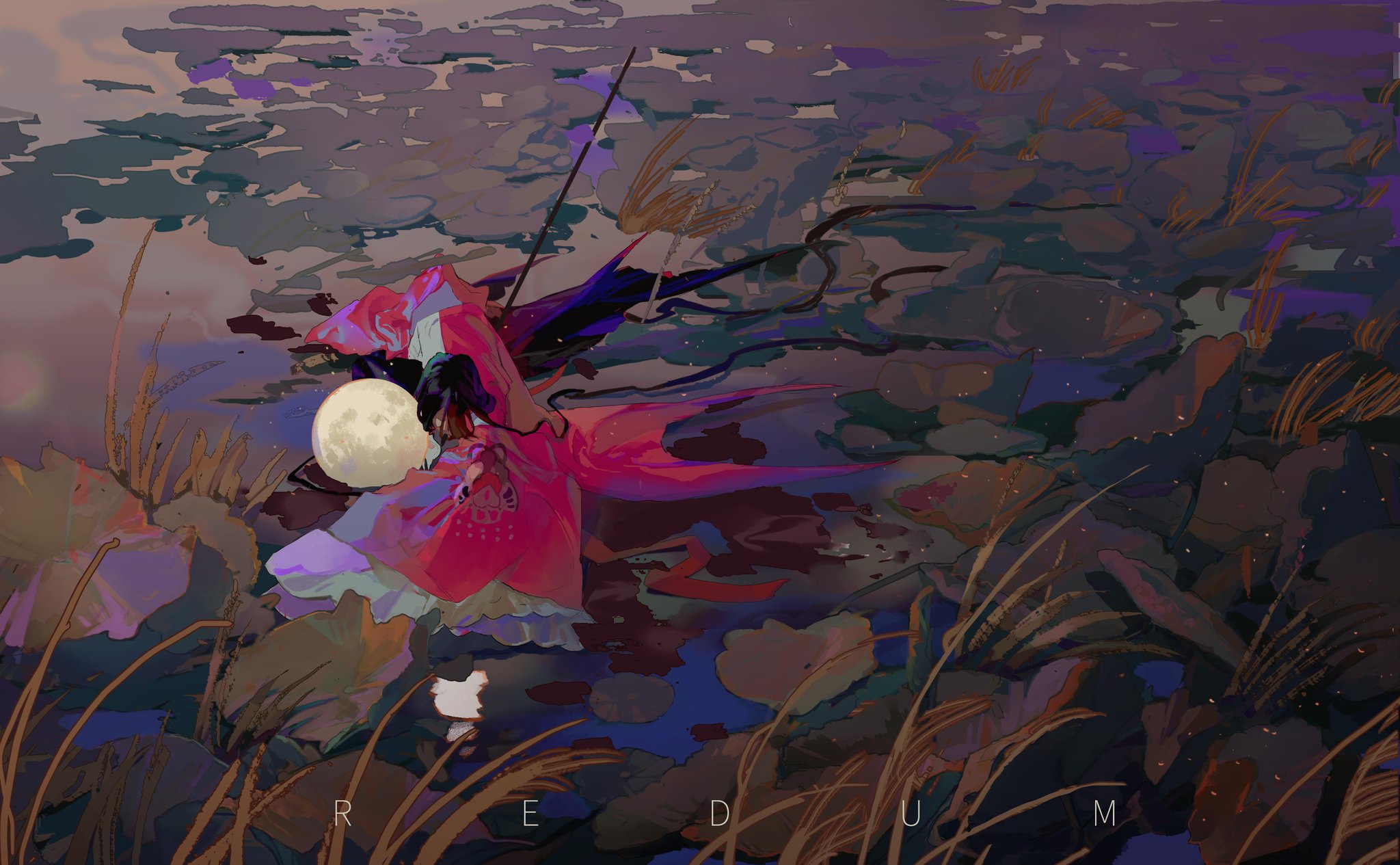 a woman in a red dress floats on a dark river, lit by a bright full moon. the water is dark and swirling, with the woman's long black hair flowing behind her. the sky is a dark blue, with hints of pink and purple. the woman's dress is flowing in the wind, and her face is obscured by her long black hair. the woman is looking up at the moon, and her expression is unreadable. the scene is both beautiful and mysterious.