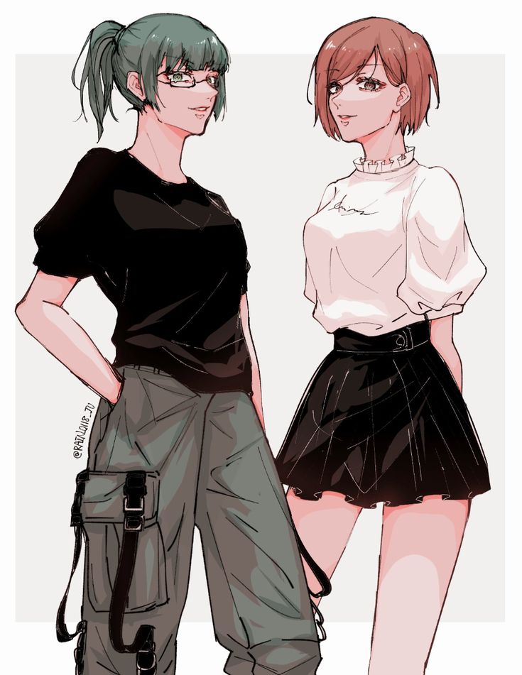 he image is an illustration of two animestyle girls standing side by side. the girl on the left has green hair in a ponytail and is wearing glasses, a black tshirt and olive green cargo pants.  the girl on the right has short reddishbrown hair and is wearing a white puffsleeve shirt and a black pleated skirt. both girls have a relaxed and casual style.  the art style is soft and slightly sketchy. the background is a plain light color.